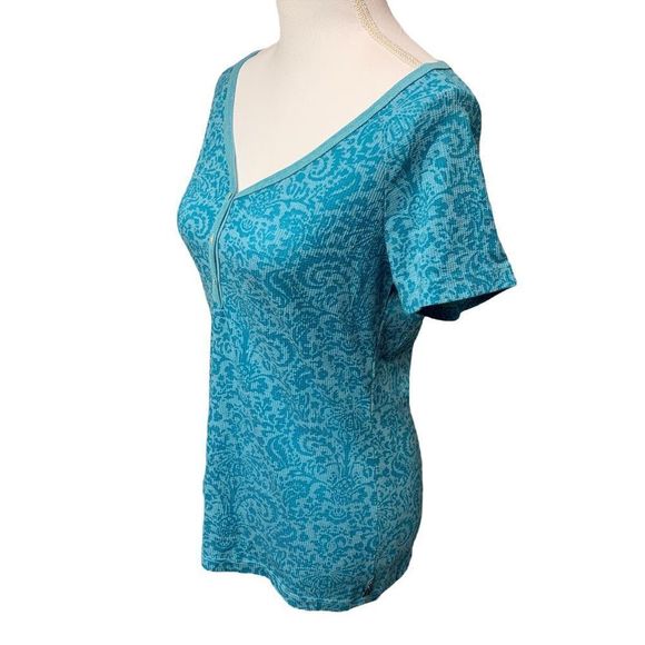 Prana blue green paisley print graphic short sleeve top women’s extra large - Picture 3 of 6